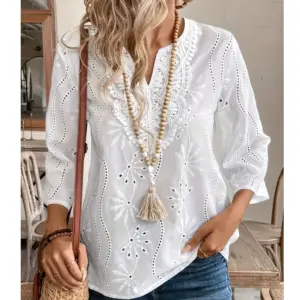 Women's Summer New Top Solid Sexy V-Neck Hollow Long Sleeve Shirt Fashion Splice Plus Size Blouse Loose Street Apparel Color