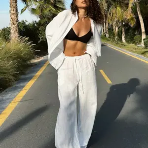 Bornladies Cotton Casual Pants Sets Women's Solid Color Cozy Lapel Long Sleeve Shirt Summer Outfit Elastic Waist Pants Suits
