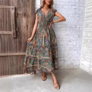 Summer Women's Short Sleeved Dress Long V-neck Cinched Waist New Style French Temperament Bohemian Vacation Style Printed Dress