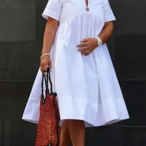Freeacy Women's Solid Color Cotton Blended Dress Half Open Collar Short Sleeve Loose Fit Pleated Midi Dress Summer Casual Dress