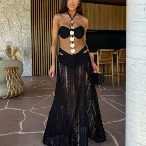 3 Pcs Swimwear with Skirt Women High Leg Bandage Swimsuit Tie-Neck Bathing Suit Halter Slit Skirt Beach Dance Robe